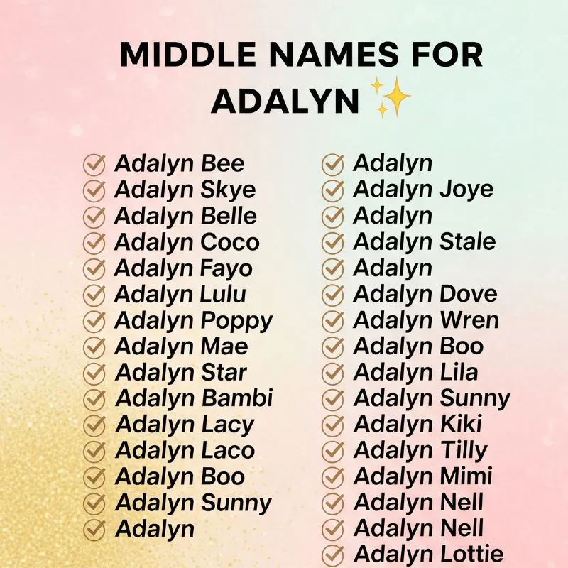 Elegant list of middle name options paired with the name Adalyn on a notepad with a pen and baby shoes beside it