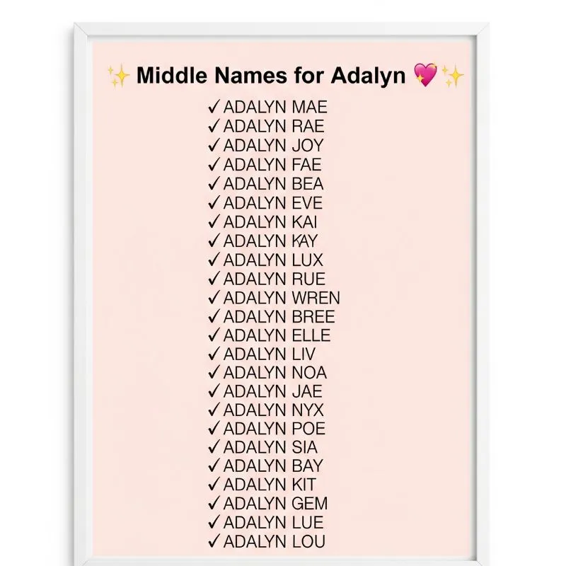 Flat lay of baby accessories with a card labeled “Middle Names for Adalyn” in the center