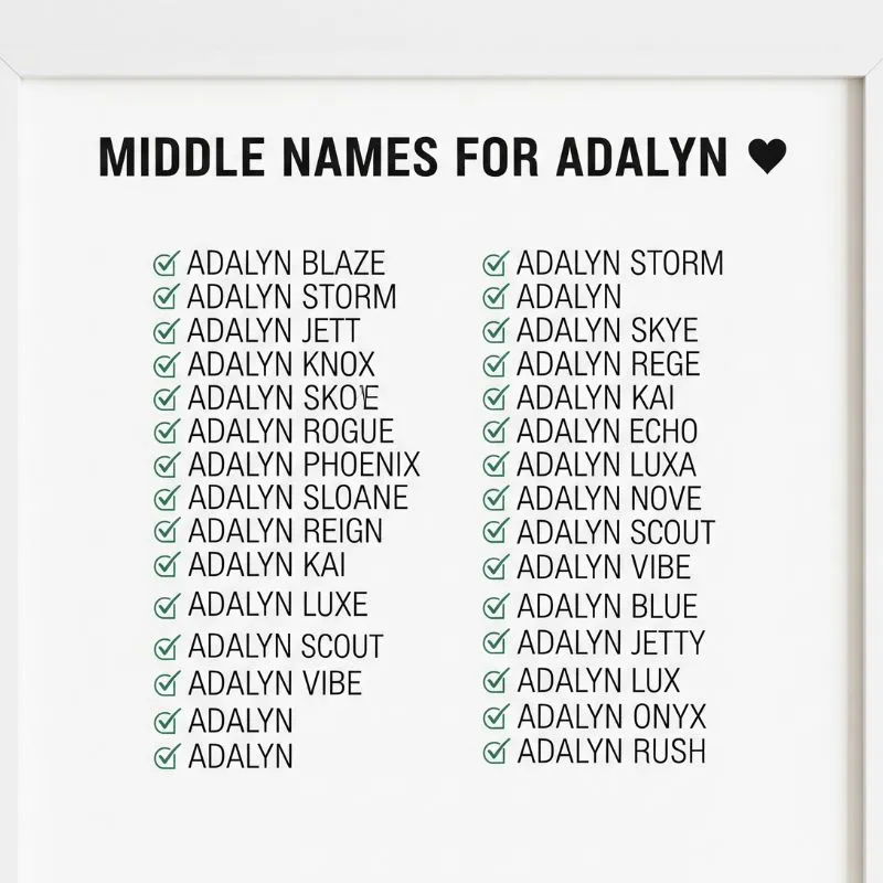 Floral-themed baby name board showing middle name pairings for Adalyn like “Adalyn Hope” and “Adalyn Belle”