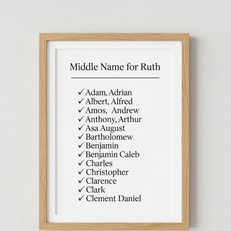 Modern baby girl nursery with a wall art print that says “Ruth Grace” in stylish font.