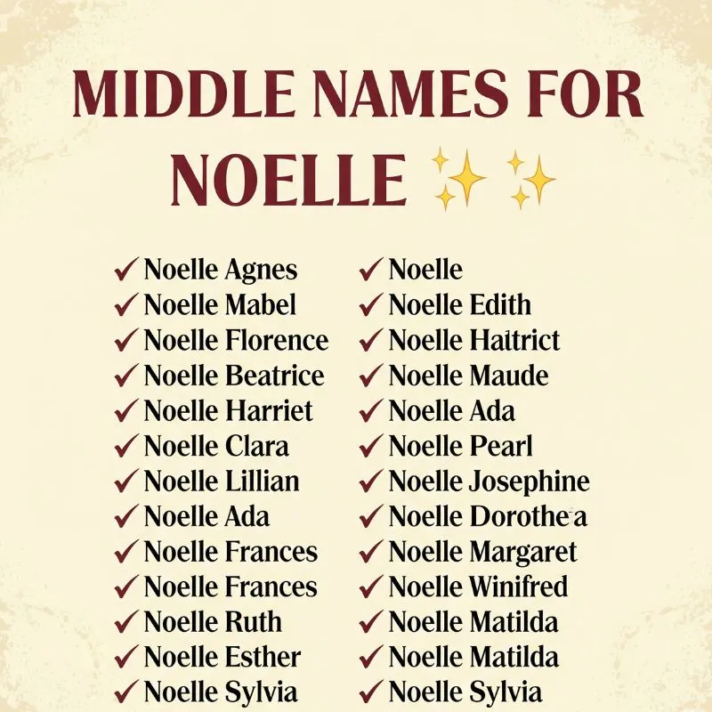 Infographic of meaningful and popular middle name options that pair well with Noelle