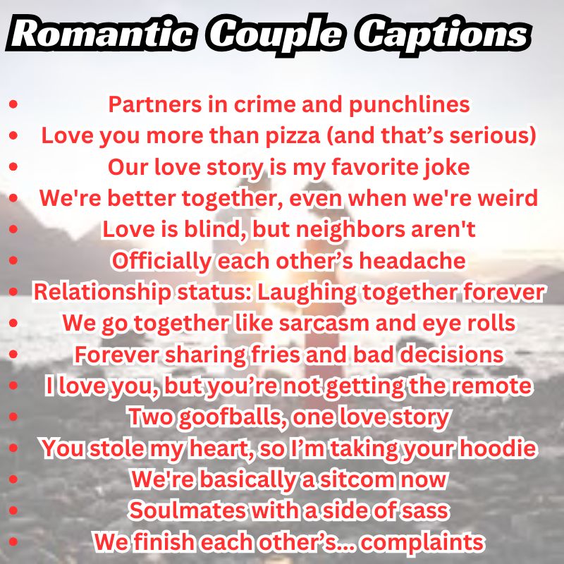Happy couple posing with a sweet romantic caption overlay