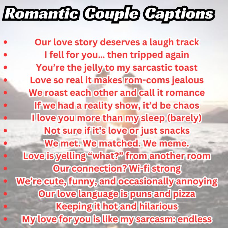 Romantic sunset photo with cute couple caption on screen