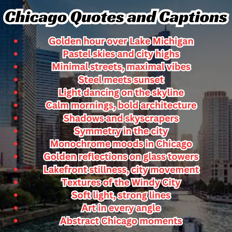 Chicago skyline at sunset with travel captions and phrases.