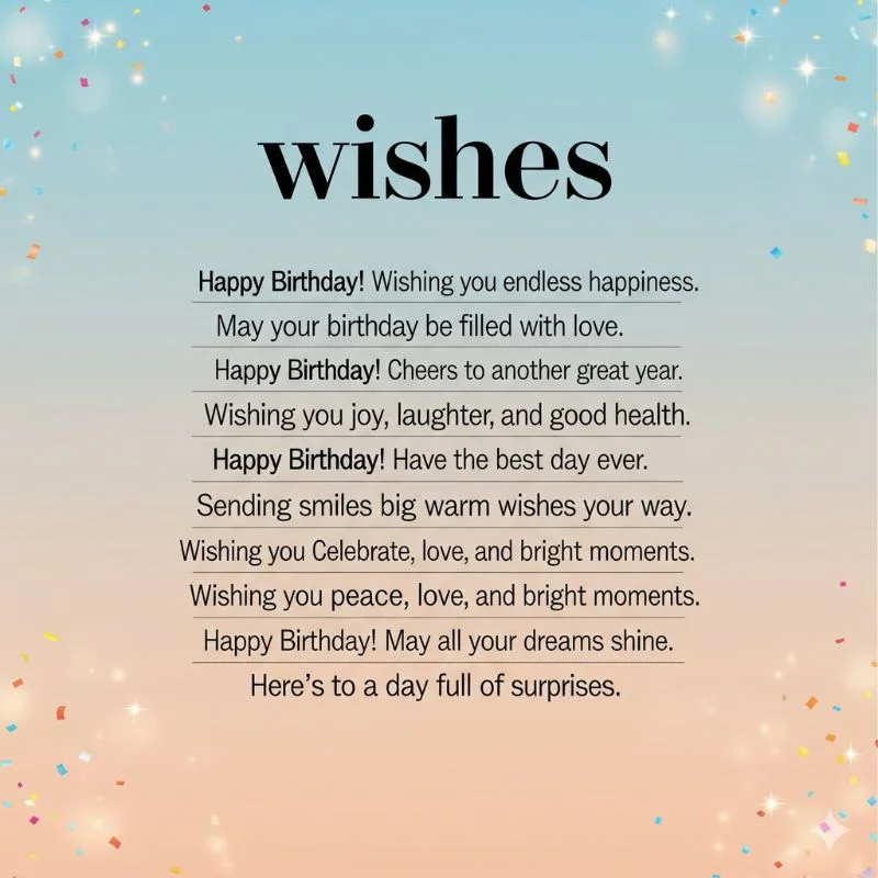 Colorful birthday card with balloons and confetti showcasing simple birthday wishes