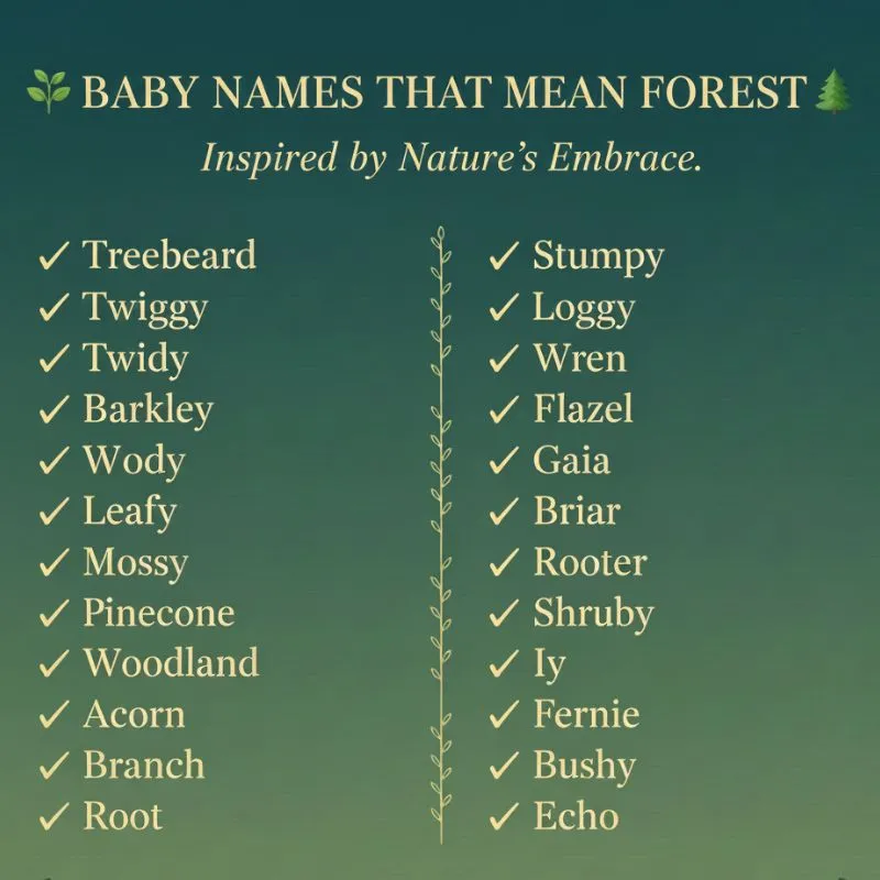 Illustration of a serene forest with a list of baby names inspired by nature.