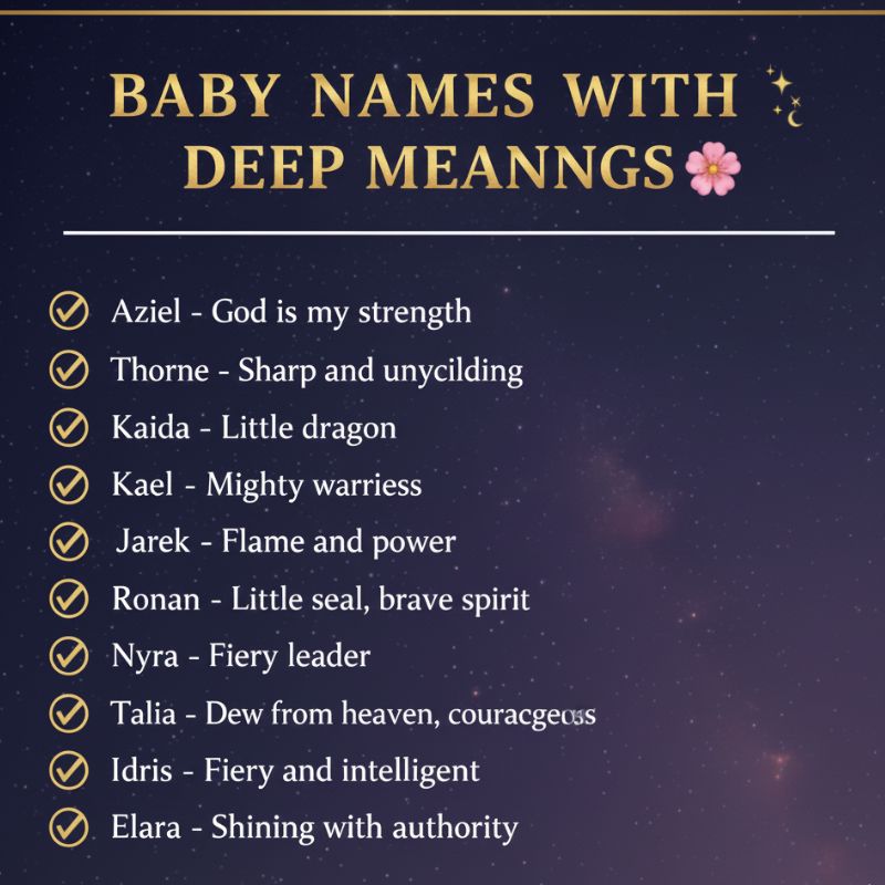 Minimalist graphic displaying baby names with deep meanings and their origins