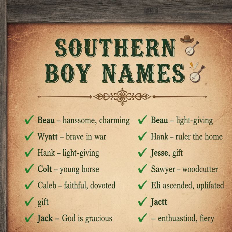Rustic nursery decor with a sign listing Southern boy names